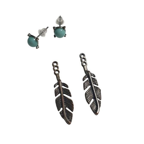 Antique Bronze Feather Earrings Faux Turquoise Ball Dangle Lightweight Boho Gift - Picture 3 of 5